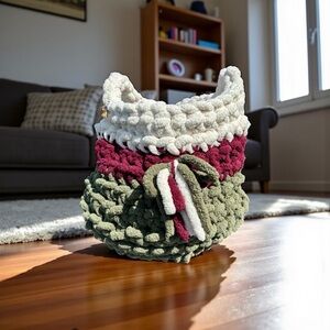 Handmade Crocheted Basket in Green, Red, and White